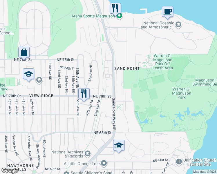 map of restaurants, bars, coffee shops, grocery stores, and more near 7001 Sand Point Way Northeast in Seattle