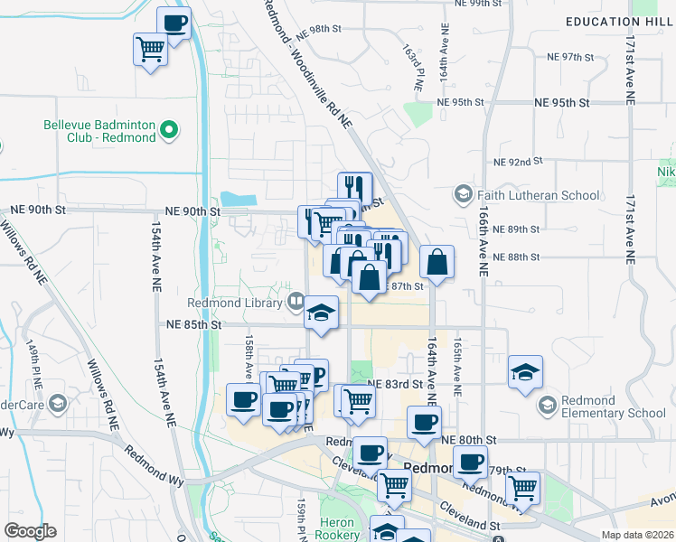 map of restaurants, bars, coffee shops, grocery stores, and more near 16100 Northeast 87th Street in Redmond