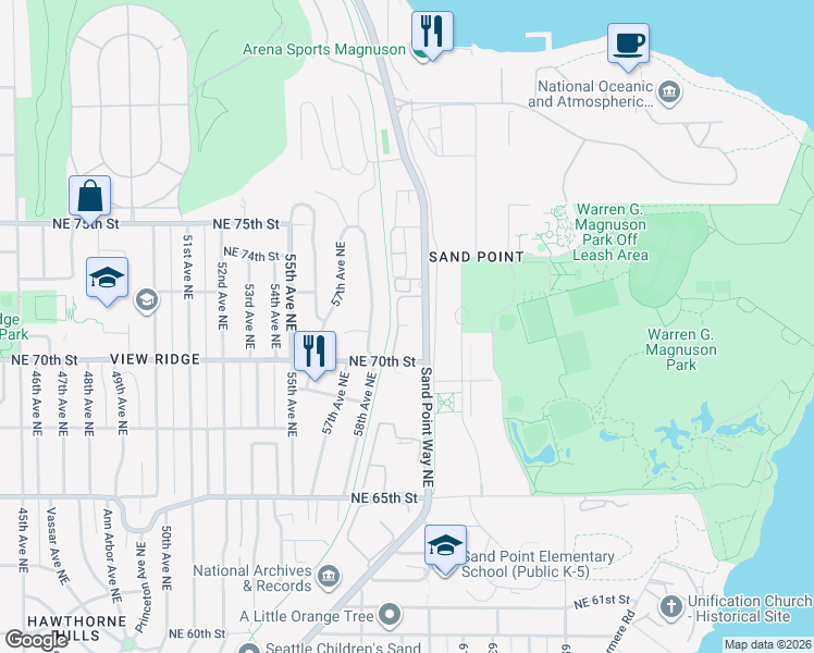 map of restaurants, bars, coffee shops, grocery stores, and more near 7108 58th Avenue Northeast in Seattle