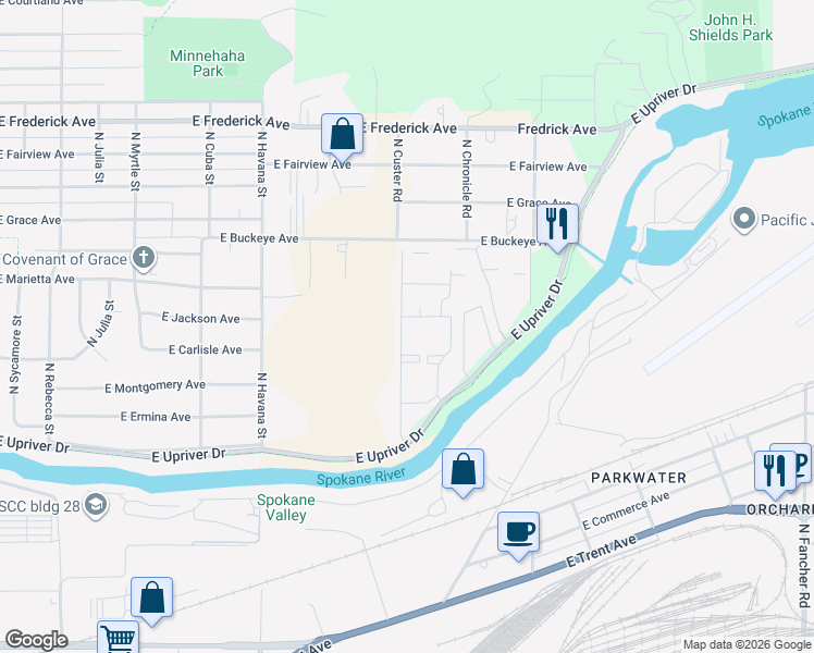 map of restaurants, bars, coffee shops, grocery stores, and more near 4707 E Upriver Dr in Spokane