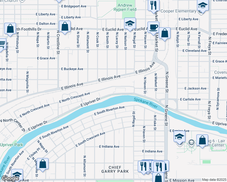 map of restaurants, bars, coffee shops, grocery stores, and more near 2801 East North Crescent Avenue in Spokane