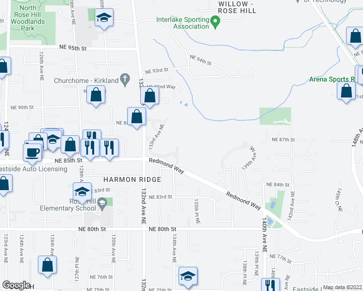 map of restaurants, bars, coffee shops, grocery stores, and more near 8622 134th Court Northeast in Redmond