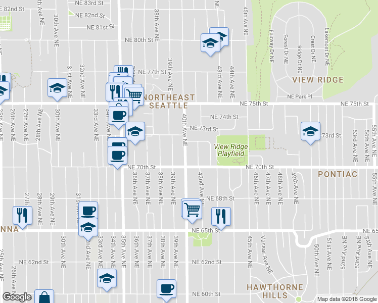 map of restaurants, bars, coffee shops, grocery stores, and more near 7026 40th Avenue Northeast in Seattle