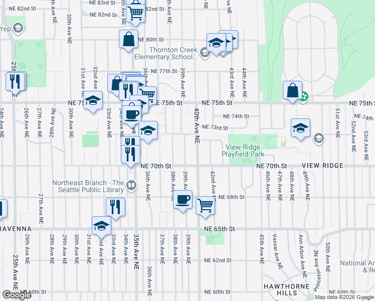 map of restaurants, bars, coffee shops, grocery stores, and more near 7034 39th Avenue Northeast in Seattle