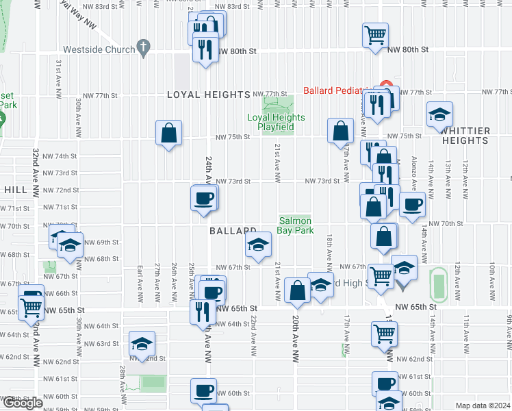 map of restaurants, bars, coffee shops, grocery stores, and more near 7032 23rd Avenue Northwest in Seattle