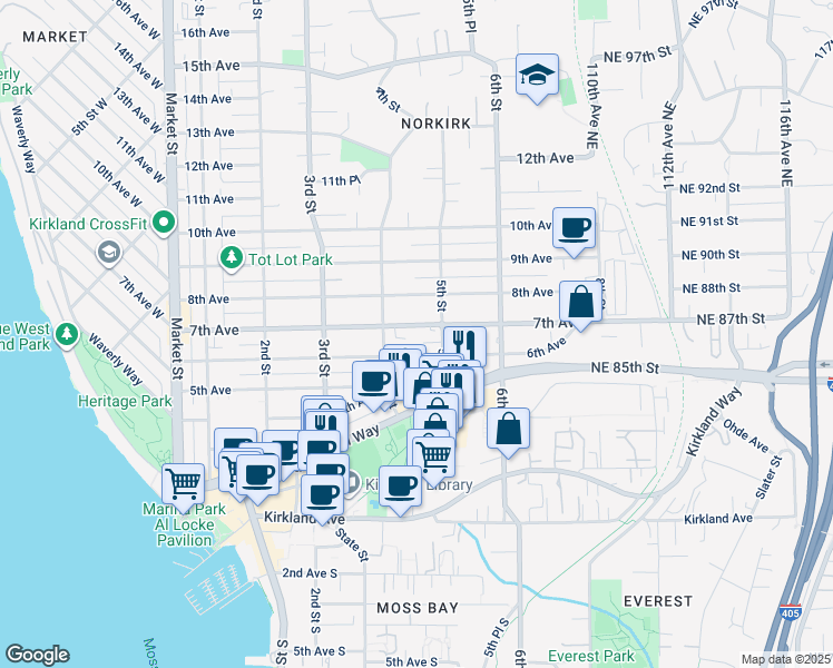 map of restaurants, bars, coffee shops, grocery stores, and more near 429 7th Avenue in Kirkland