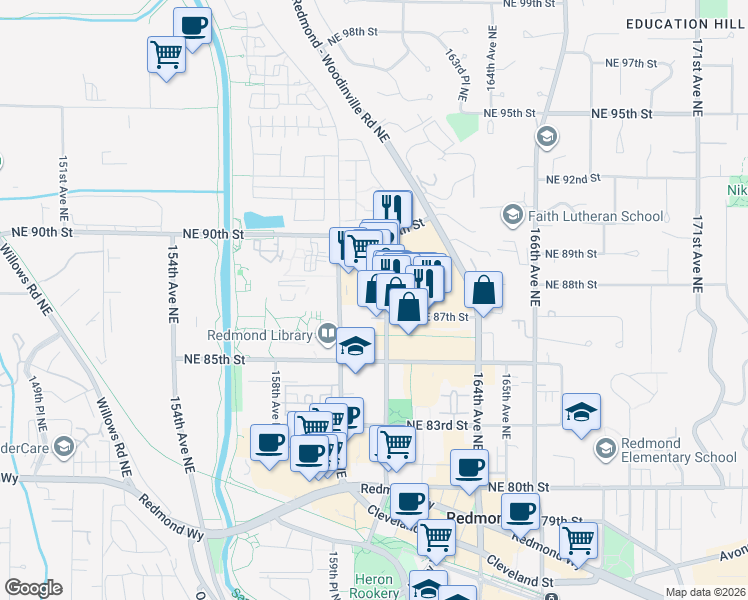 map of restaurants, bars, coffee shops, grocery stores, and more near 16100 Northeast 87th Street in Redmond