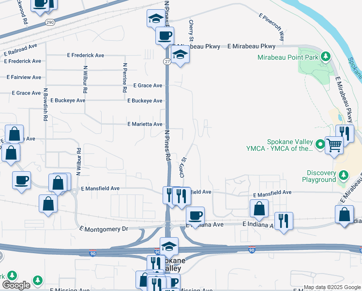 map of restaurants, bars, coffee shops, grocery stores, and more near 2415 North Cherry Street in Spokane Valley