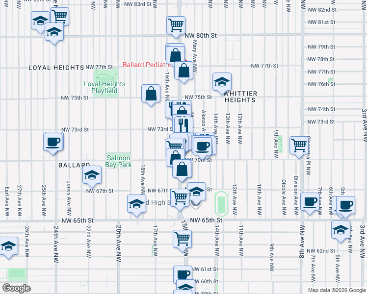 map of restaurants, bars, coffee shops, grocery stores, and more near 7033 Mary Avenue Northwest in Seattle