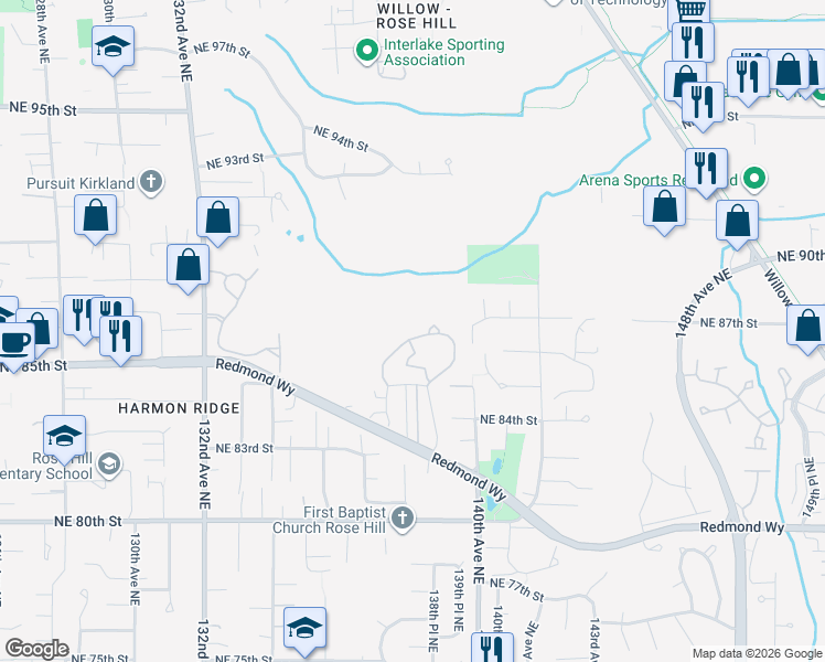 map of restaurants, bars, coffee shops, grocery stores, and more near 13720 Northeast 87th Street in Redmond