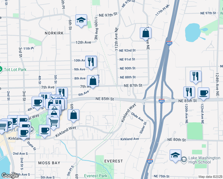 map of restaurants, bars, coffee shops, grocery stores, and more near 909 7th Avenue in Kirkland