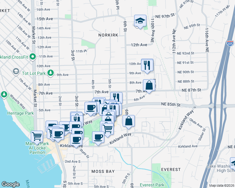 map of restaurants, bars, coffee shops, grocery stores, and more near 521 7th Avenue in Kirkland