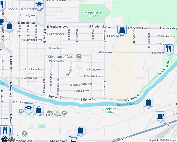 map of restaurants, bars, coffee shops, grocery stores, and more near 4116 East Jackson Avenue in Spokane