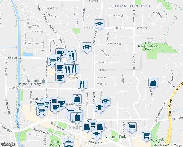 map of restaurants, bars, coffee shops, grocery stores, and more near 8705 166th Avenue Northeast in Redmond