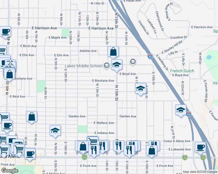 map of restaurants, bars, coffee shops, grocery stores, and more near 1405 East Street Maries Avenue in Coeur d'Alene