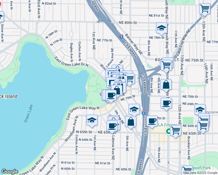 map of restaurants, bars, coffee shops, grocery stores, and more near 7203 East Green Lake Drive North in Seattle