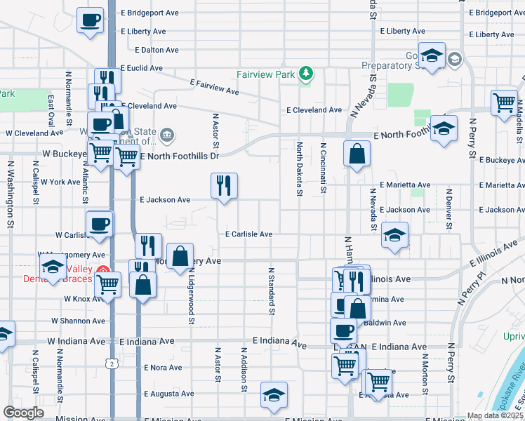 map of restaurants, bars, coffee shops, grocery stores, and more near 2438 North Wiscomb Street in Spokane
