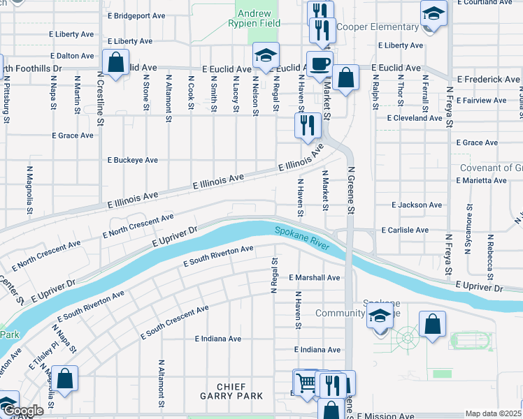 map of restaurants, bars, coffee shops, grocery stores, and more near 2811 East Upriver Drive in Spokane