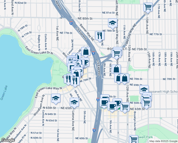 map of restaurants, bars, coffee shops, grocery stores, and more near 7101 6th Avenue Northeast in Seattle
