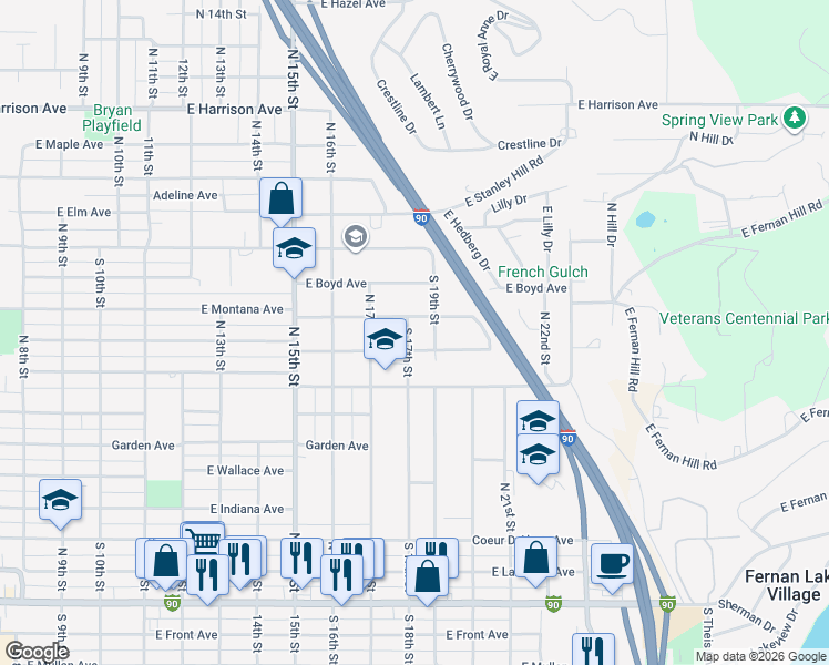 map of restaurants, bars, coffee shops, grocery stores, and more near 842 North 18th Street in Coeur d'Alene