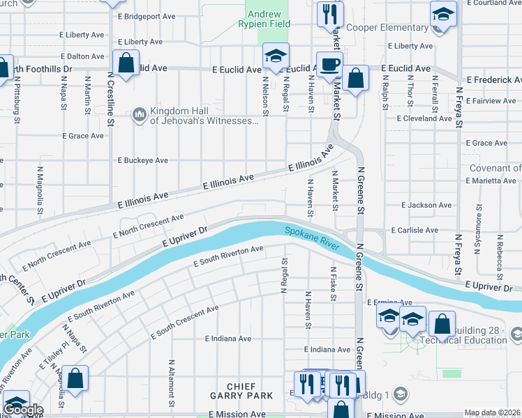 map of restaurants, bars, coffee shops, grocery stores, and more near 2809 East Upriver Drive in Spokane