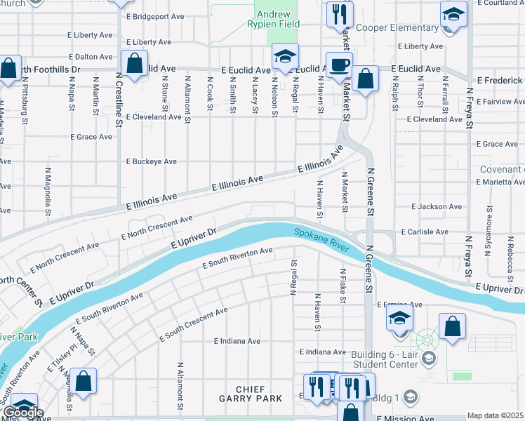 map of restaurants, bars, coffee shops, grocery stores, and more near 2801 East Upriver Drive in Spokane