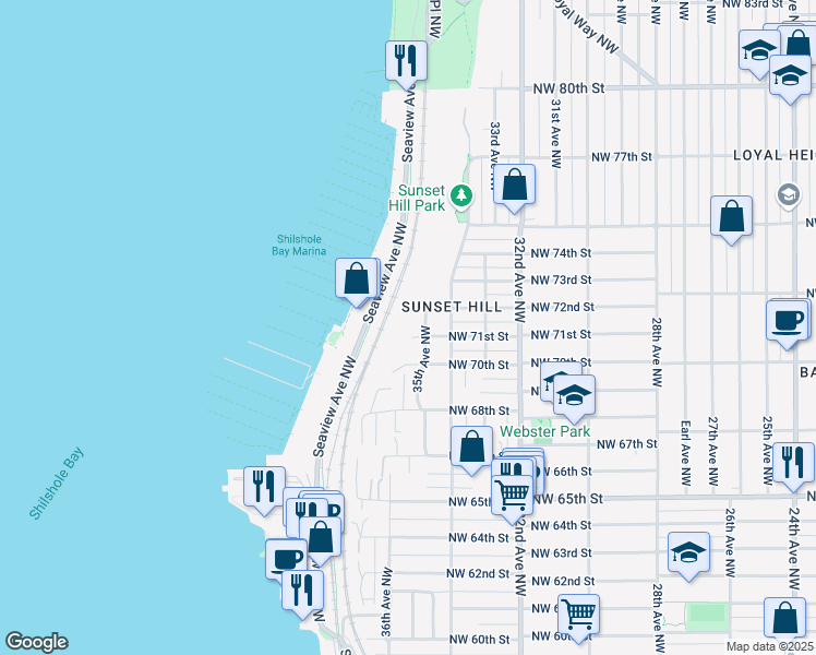 map of restaurants, bars, coffee shops, grocery stores, and more near 3510 Northwest 71st Street in Seattle