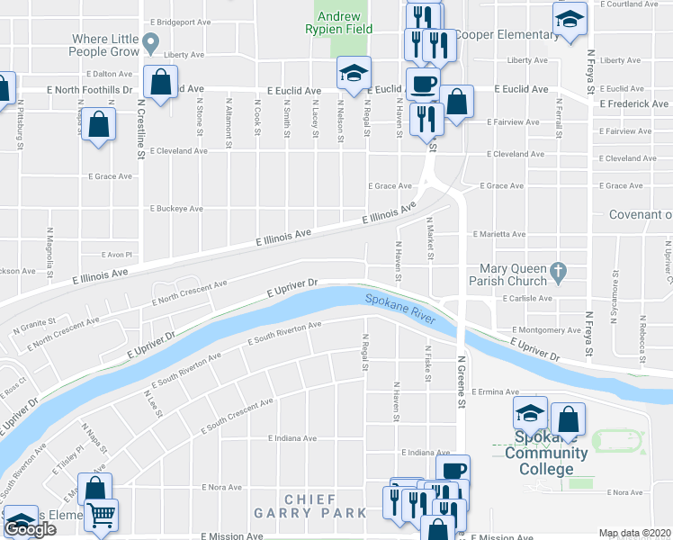 map of restaurants, bars, coffee shops, grocery stores, and more near 2811 East Upriver Drive in Spokane