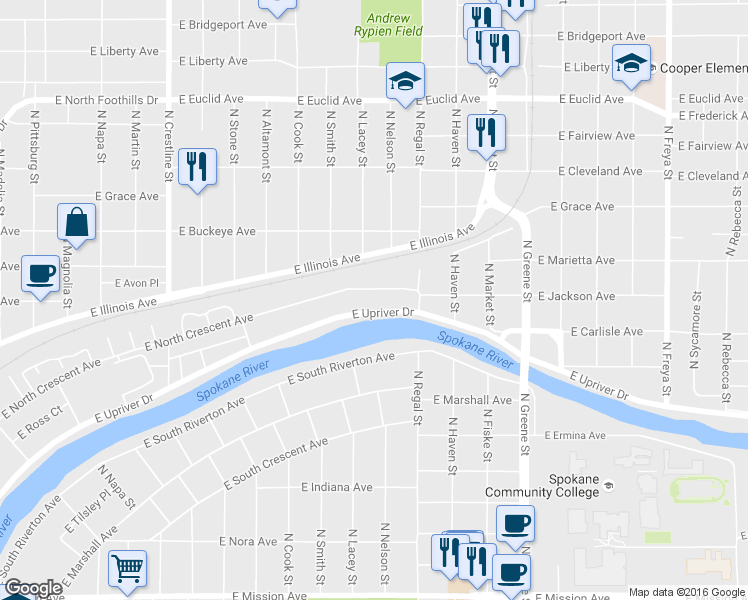 map of restaurants, bars, coffee shops, grocery stores, and more near 2801 East North Crescent Avenue in Spokane