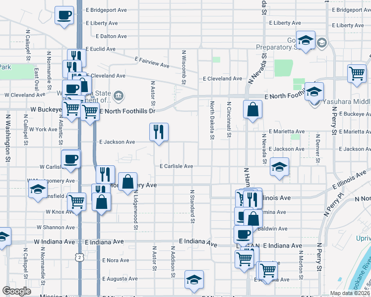 map of restaurants, bars, coffee shops, grocery stores, and more near 2438 North Wiscomb Street in Spokane