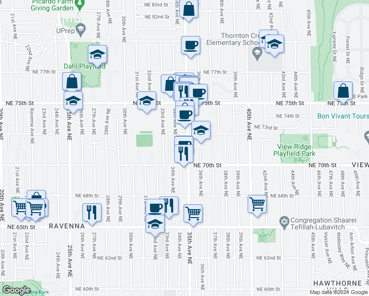map of restaurants, bars, coffee shops, grocery stores, and more near 7037 35th Avenue Northeast in Seattle