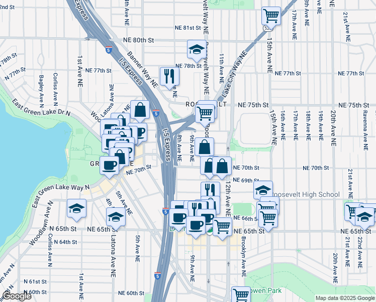 map of restaurants, bars, coffee shops, grocery stores, and more near 818 Northeast 71st Street in Seattle