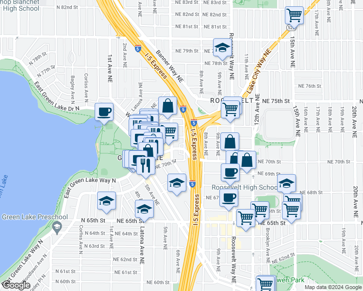 map of restaurants, bars, coffee shops, grocery stores, and more near 7101 6th Avenue Northeast in Seattle