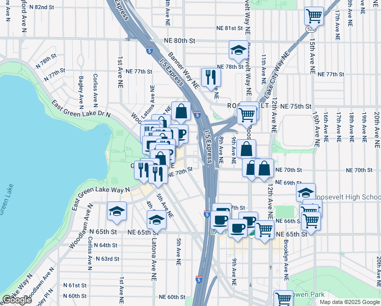 map of restaurants, bars, coffee shops, grocery stores, and more near 7101 6th Avenue Northeast in Seattle