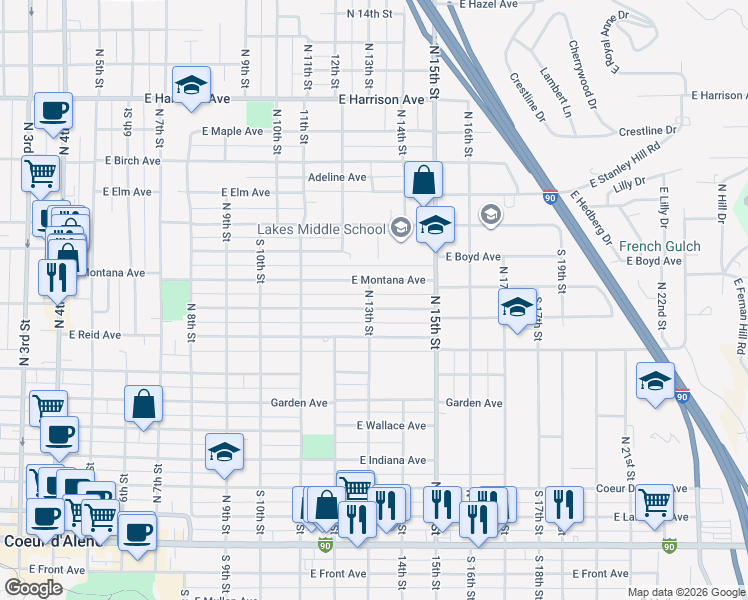 map of restaurants, bars, coffee shops, grocery stores, and more near 1301 East Street Maries Avenue in Coeur d'Alene