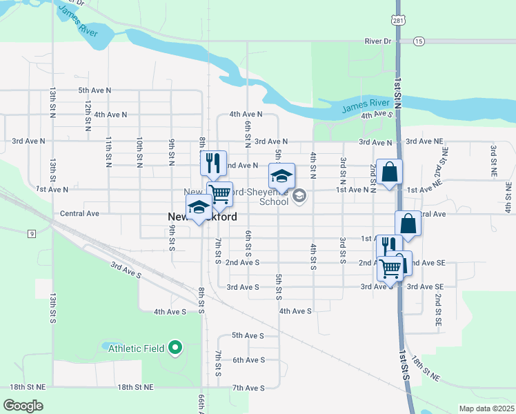 map of restaurants, bars, coffee shops, grocery stores, and more near 524 Central Avenue in New Rockford