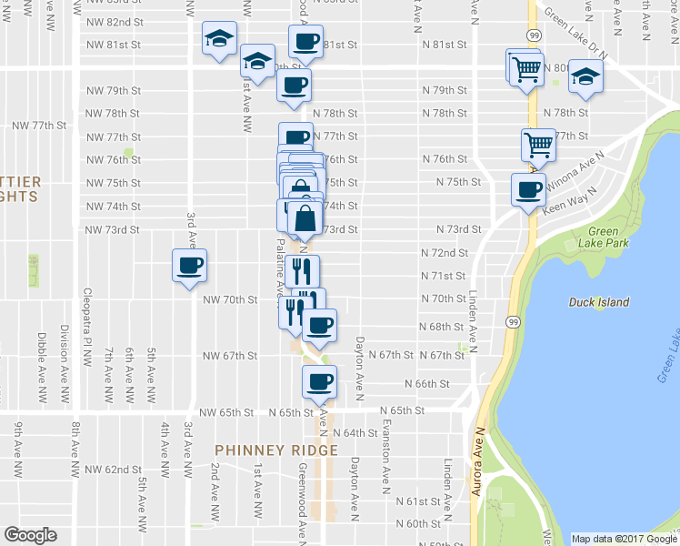 map of restaurants, bars, coffee shops, grocery stores, and more near 342 North 71st Street in Seattle