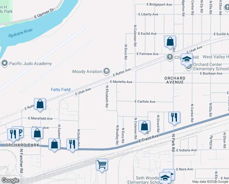 map of restaurants, bars, coffee shops, grocery stores, and more near 2523 North Bradley Road in Spokane Valley