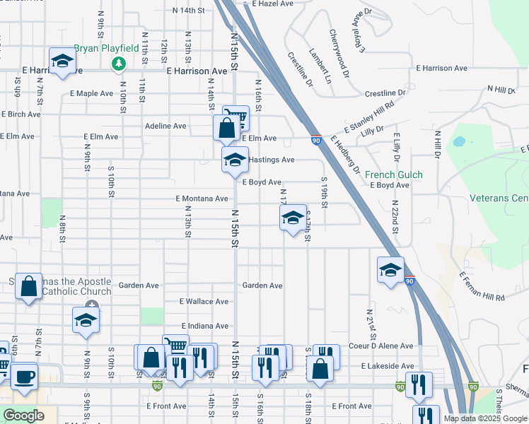 map of restaurants, bars, coffee shops, grocery stores, and more near 838 North 16th Street in Coeur d'Alene