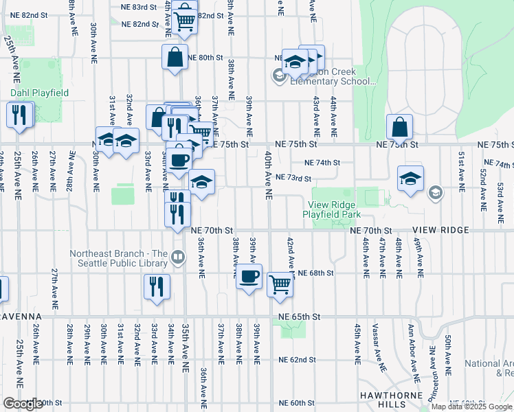map of restaurants, bars, coffee shops, grocery stores, and more near 7034 39th Avenue Northeast in Seattle