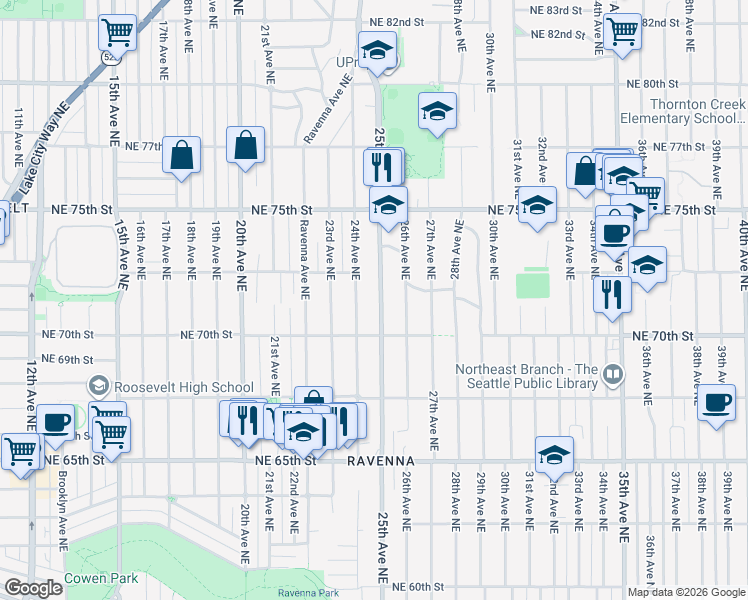 map of restaurants, bars, coffee shops, grocery stores, and more near 7035 25th Avenue Northeast in Seattle