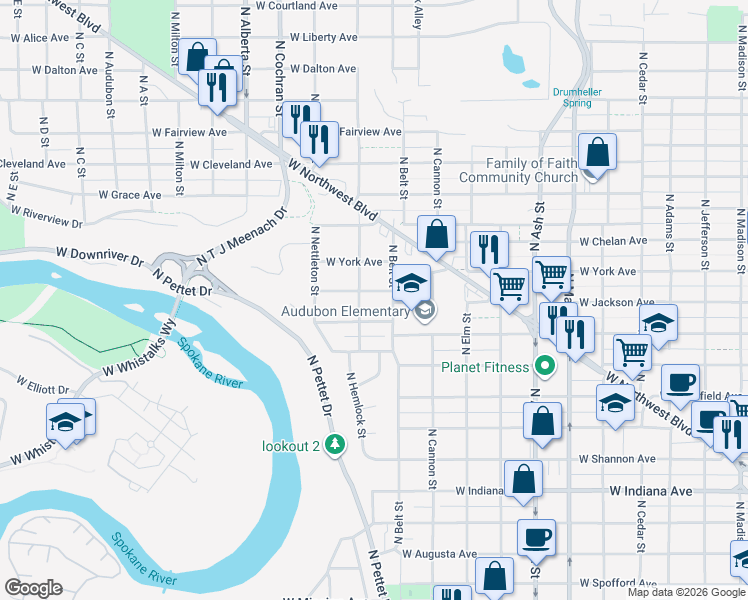 map of restaurants, bars, coffee shops, grocery stores, and more near 2117 West Jackson Avenue in Spokane