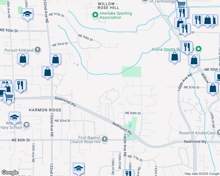 map of restaurants, bars, coffee shops, grocery stores, and more near 13808 138th Court Northeast in Redmond