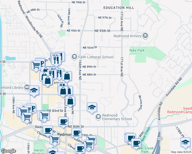 map of restaurants, bars, coffee shops, grocery stores, and more near 16677 NE 88th St in Redmond