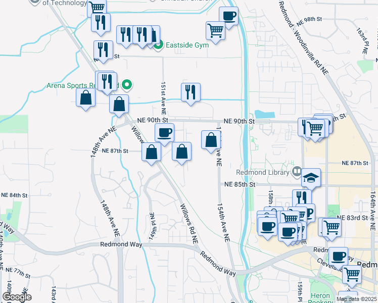map of restaurants, bars, coffee shops, grocery stores, and more near 8702 152nd Avenue Northeast in Redmond