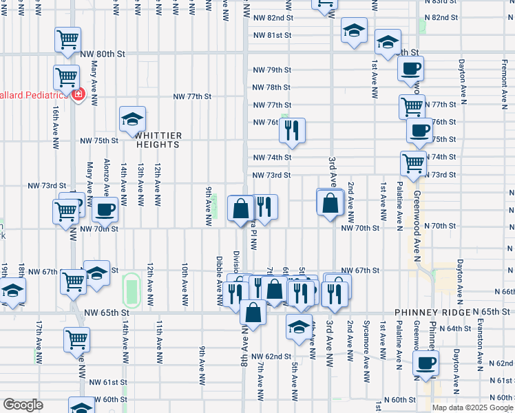 map of restaurants, bars, coffee shops, grocery stores, and more near 7030 Cleopatra Place Northwest in Seattle