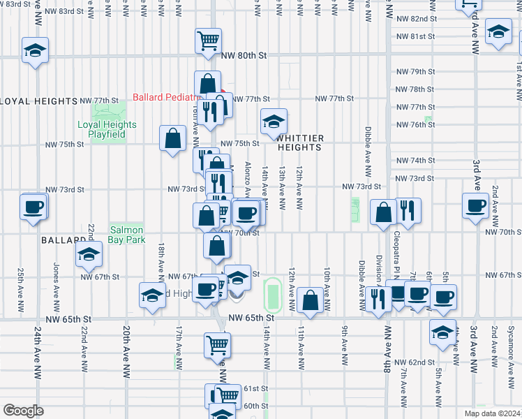 map of restaurants, bars, coffee shops, grocery stores, and more near 7031 14th Avenue Northwest in Seattle