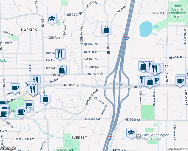 map of restaurants, bars, coffee shops, grocery stores, and more near 8634 113th Way Northeast in Kirkland