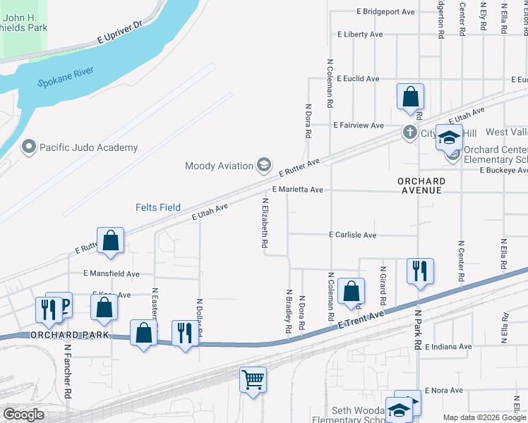 map of restaurants, bars, coffee shops, grocery stores, and more near 2577 North Elizabeth Road in Spokane Valley