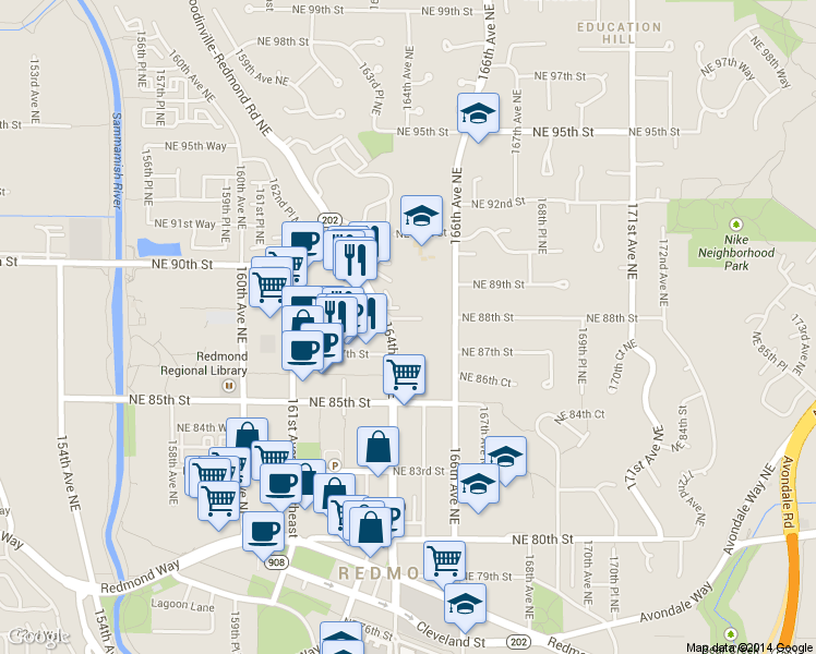 map of restaurants, bars, coffee shops, grocery stores, and more near 8702 Washington 202 in Redmond